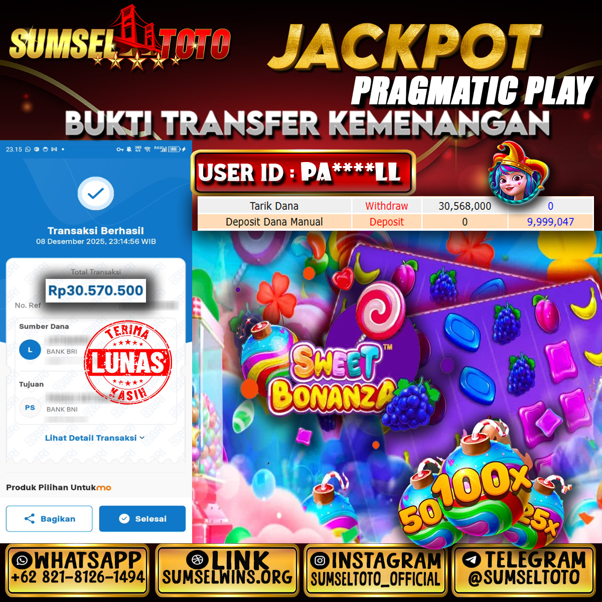 SUMSELTOTO JACKPOT SLOT SWEET BONANZA DICE 1000 Rp.30,570,500.,- LUNAS